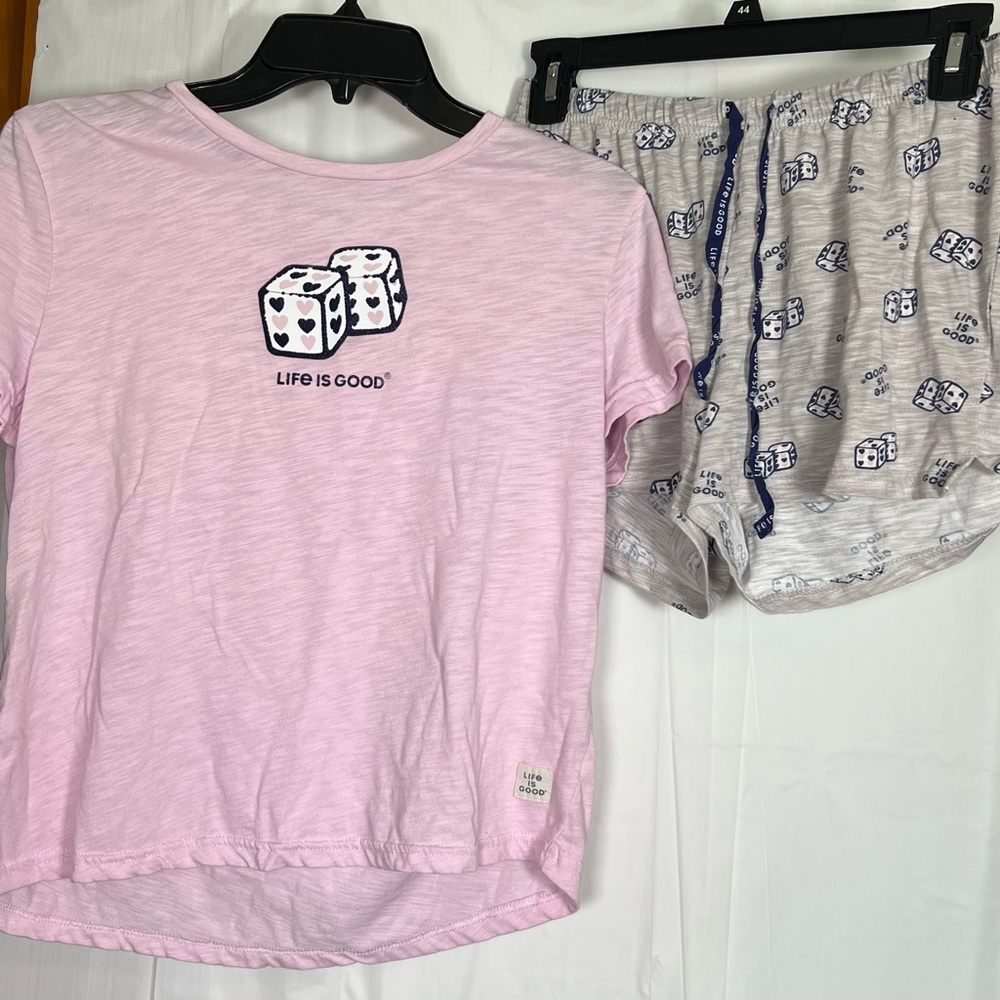 Life Is Good Dice Pajama Set. Shirt & shorts. Size S W/ Drawstring. Pink & grey